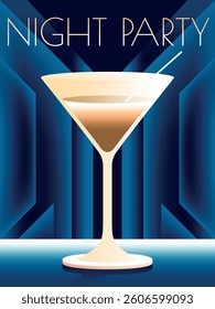 Glass of wine on the table. Concept of invitation to a night party in the Art Deco retro style. Can be used to create banners, menus, invitation cards, etc.	