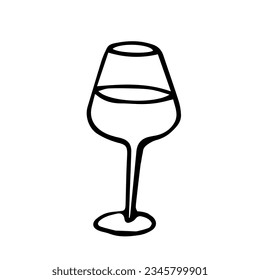 A glass of wine on a white background is isolated. A festive glass with a drink for decoration for the new year, Christmas. Line art. Hand drawn