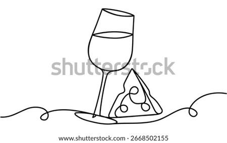 Glass with wine and piece of cheese continuous line drawing. Celebration concept. Champagne drink. Vector illustration isolated on white.