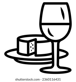 Glass of wine and piece of cheese line icon, Wine festival concept, drink and snack sign on white background, wineglass with cheese slice icon in outline style. Vector graphics