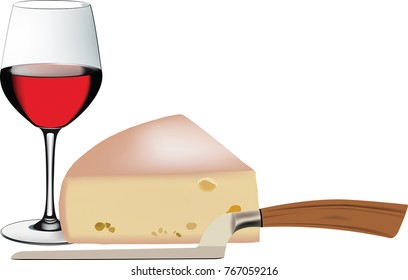glass of wine portion of cheese and knife