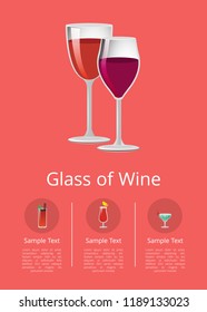 Glass of wine poster with two glasswares with alcohol and different cocktails in round buttons vector illustration with text isolated on red background