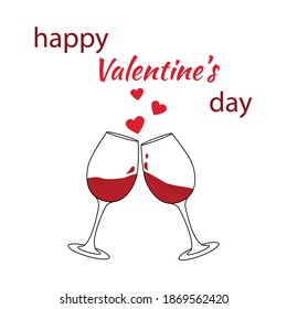 Glass of wine. Red hearts. Happy Valentine's Day card. Vector illustration