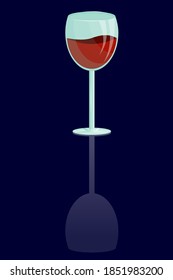 A glass of wine with reflection is isolated on a dark background. Alcohol dependence, alcoholism. Red wine is sloshing in the glass. Vector illustration.