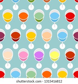 Glass of wine set top view pattern seamless. Drink Alcohol background. Vector illustration