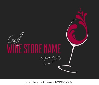 Glass of Wine with splash logo design on black background. Vector icon, sign, symbol alcohol. Template for the menu, cafe, bar, restaurant, wine list