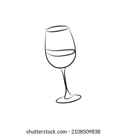 Vidrio de arte de línea salpicada de vino. El dibujo de una línea de un vaso con alcohol está inclinado, el líquido se derrama