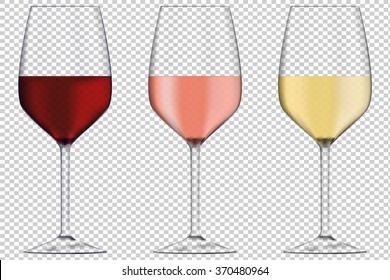 Glass of  wine. Transparent glass with red, white and rose wine.  Vector isolated on transparent background.