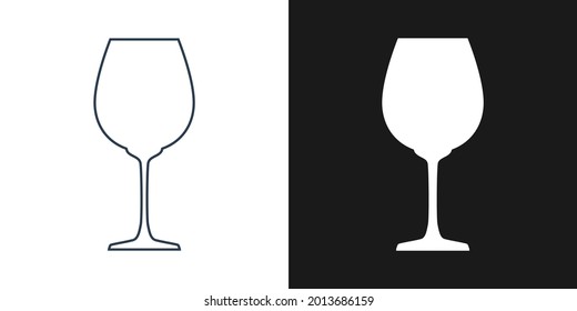 Glass wine. Two types of images. Contour line art in flat style. Silhouette wine glasses on a black background. Restaurant alcoholic illustration for celebration design. Beverage outline icon. Vector
