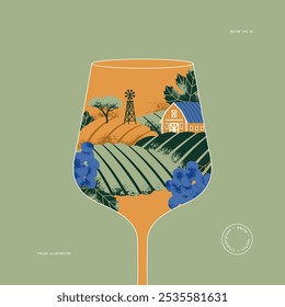 Una copa de vino con el viñedo dentro. Ilustración de estilo retro