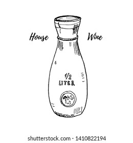 Glass wine or water carafe vector illustration isolated on white. Hand drawn ink sketch. Italian and French typical house wine serving vessel