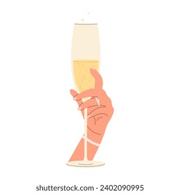 Glass of wine in woman's hand. Champagne in the girl's hand. Vector illustration