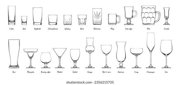 Conjunto de vidrio y de cristal. Diferentes tipos de gafas y gafas de vino en blanco. Ilustración del vector