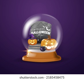 Ein gläserner Winterball. Die Vorlage des runden Podiums des Studiobereichs für Objekte des festlichen Designs. Realistische 3D-Elemente, Halloween Kürbis, Grabstein, Bowler-Hut und Hexenhut.