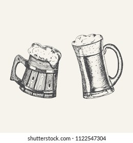 Glass and wooden mugs with beer and beer foam overflowing over the edge on white background. Hand drawn sketch in vintage engraving style. Light Alcohol Drink. Vector illustration for Oktoberfest