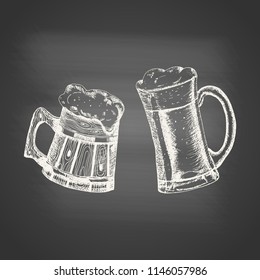 Glass and wooden mugs with beer and beer foam overflowing over the edge on chalkboard. Hand drawn sketch in vintage engraving style. Light Alcohol Drink. Vector illustration for Oktoberfest