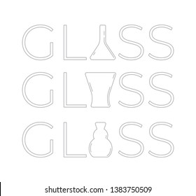 glass word concept. glass word and glass, vase, test tube symbols