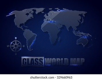 Glass world map on dark blue background