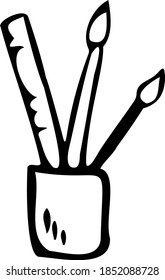 
glass with writing utensils drawn black lines