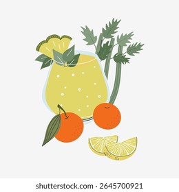 Glass of yellow drink, fruits and vegetable. Healthy vegan smoothie, including celery, pineapple, tangerine, lemon, mint. Menu element for cafe, restaurant. Flat design vector illustration.
