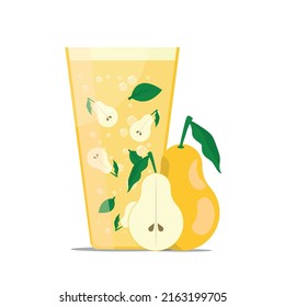 glass with yellow pear juice. pear near a glass with pear juice.