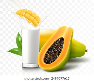 Un vaso de yogur o batido de leche con frutas de papaya madura. Taza de cóctel o leche con papaya fresca natural, aislada sobre fondo transparente. Ilustración vectorial 3D realista