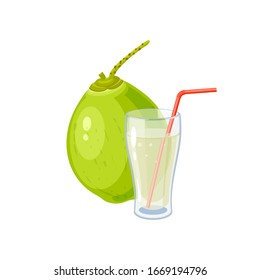 Glass of young green coconut water drink. Vector illustration cartoon flat icon isolated on white.