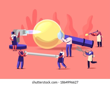 Glassblowing and Glass Decor Producing Concept. Tiny Characters with Huge Tools and Instruments Create Beautiful Glasswork, Creative Hobby, Manufacture, Craft. Cartoon People Vector Illustration