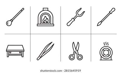 Glassblowing tools line icon set with blowpipe and furnace