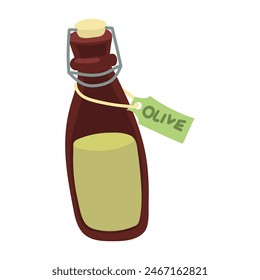 Glass-bottled olive oil, golden, pure, ideal for healthy cooking, dressings, and dips. Enhances flavors with a Mediterranean touch. A dark closed bottle with a piece of paper with the name. Isolated