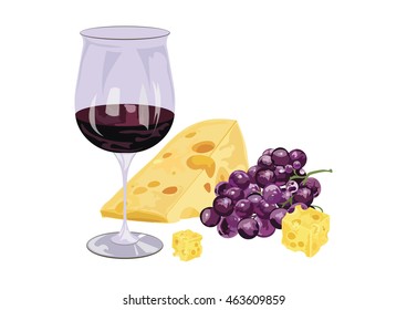 glasse of red wine with grapes and piece of cheese. Food background Vector