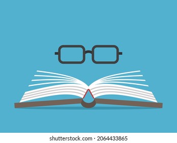 Glasses above open book. Reading, learning, wisdom, knowledge, education and search of information concept. Flat design. Vector illustration. EPS 8, no gradients, no transparency