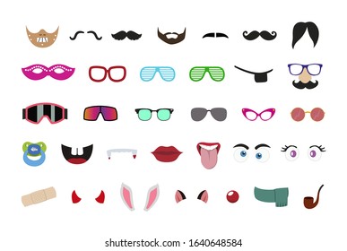 Glasses and accessories for carnival or funny photocall. Fun stickers design in vector 