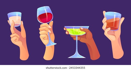 Glasses with alcohol cocktails in human hands. Male and female arms holding glassware with shot and long drinks for party and celebration concept. Cartoon vector illustration set of festive beverage.