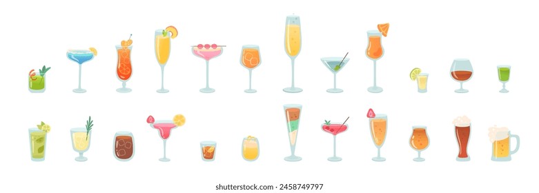 Glasses of alcohol cocktails set vector illustration. Cartoon drinks isolated on white background. Celebration with toasts and cheering. Party time. Summer beach. Beverage menu.