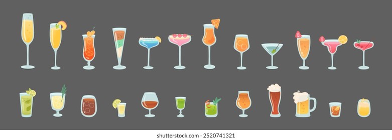 Glasses of alcohol cocktails set vector illustration. Cartoon drinks isolated on black background. Celebration with toasts and cheering. Party time. Summer beach. Beverage menu.