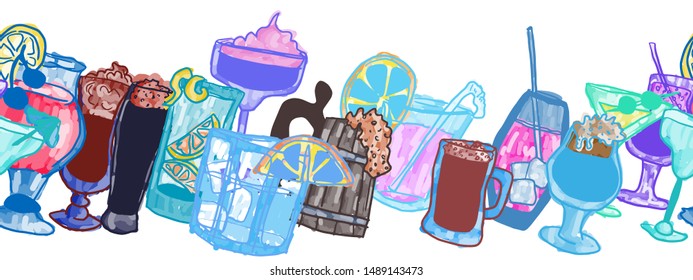 glasses of alcohol doodle seamless pattern bright art