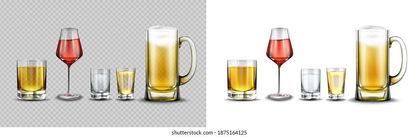 Glasses with alcohol drinks, beer with foam in mug, red wine, vodka, cognac and whiskey in shots. Vector realistic set of clear glassware with beverages isolated on white and transparent backgrounds