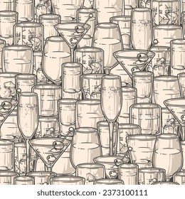 Patrón de alcohol sin soldadura monocromo con vino espumoso y cócteles martini para el diseño de ropa juvenil ilustración vectorial