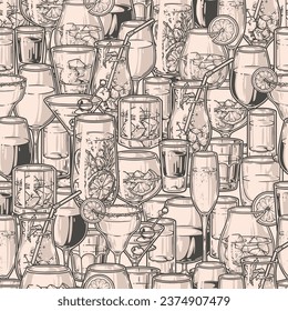 Glasses alcohol seamless pattern monochrome with intoxicating cocktails or wine near champagne flute for liquor store design vector illustration
