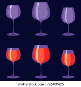 Glasses of alcohol vector. Festive sparkling wine on dark background. Kitchen utensils, kitchen accessories and utensils. Flat vector cartoon illustration. Objects isolated.
