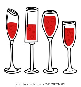 Glasses with alcoholic beverages. Glasses filled with red alcohol. A set of flat vector doodle illustrations. Valentine's Day in red and black colors isolated on a white background