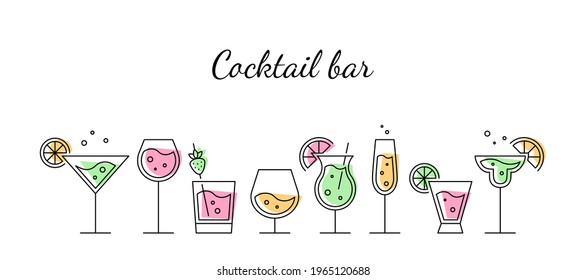 Glasses with Alcoholic Cocktails, Champagne, Wine and Cognac. Cocktail bar concept. Vector Black Thin Linear Contour. Trendy design on a white background. Illustration