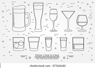 Glasses for alcoholic drinks. Beverage, cocktail, drinks vector thin line symbol icon. Beer, wine, cognac, vodka, whiskey, tequila, bourbon emblems. Vector illustration.