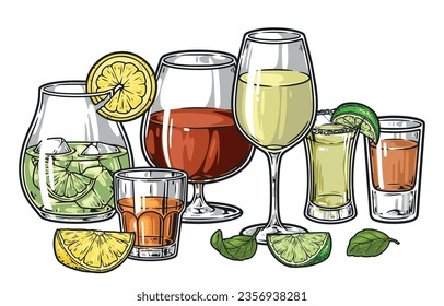 Glasses alcoholic drinks colorful sticker with wine and tequila or whiskey for cool bar parties vector illustration