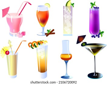 Glasses with aperitifs and cocktails 8 remarkably beautiful glasses for menu design and advertising of alcoholic and non-alcoholic drinks Vector illustration