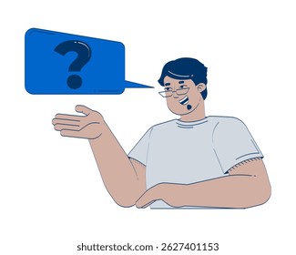 Glasses arab man asking question with speech bubble 2D doodle character. Friendly guy gesturing while speaking cartoon person vector drawing isolated on white. Hand drawn illustration colorful