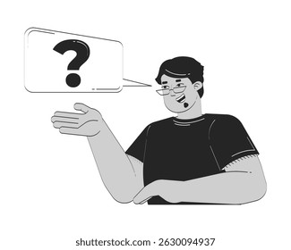 Glasses arab man asking question with speech bubble doodle linear character. Friendly guy gesturing while speaking 2D vector outline person isolated. Hand drawn drawing illustration monochrome