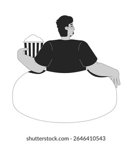 Glasses arab man relaxing on bean bag with popcorn bucket 2D line character. Eyeglasses adult male sitting in beanbag facing away isolated vector ink outline person. Monochromatic spot illustration