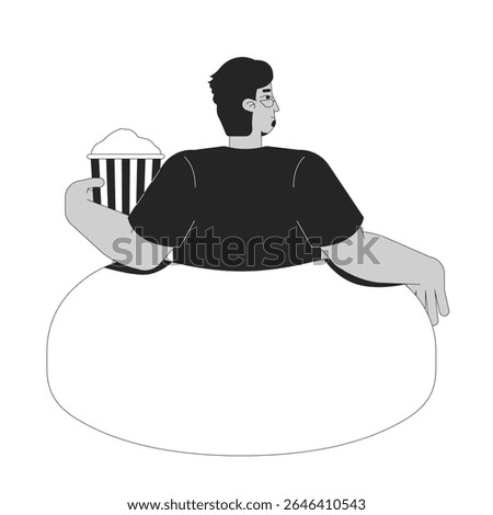 Glasses arab man relaxing on bean bag with popcorn bucket 2D line character. Eyeglasses adult male sitting in beanbag facing away isolated vector ink outline person. Monochromatic spot illustration